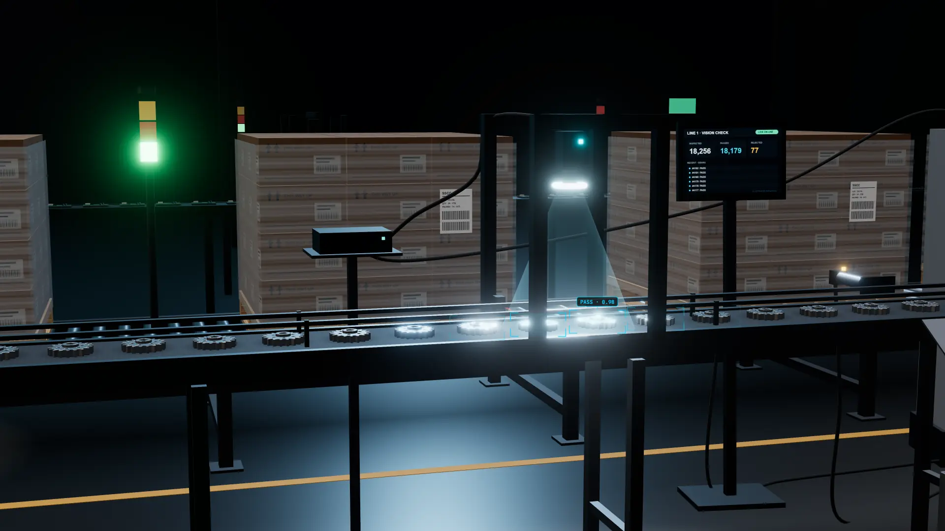 3D illustration of a production line with an AI vision inspection station